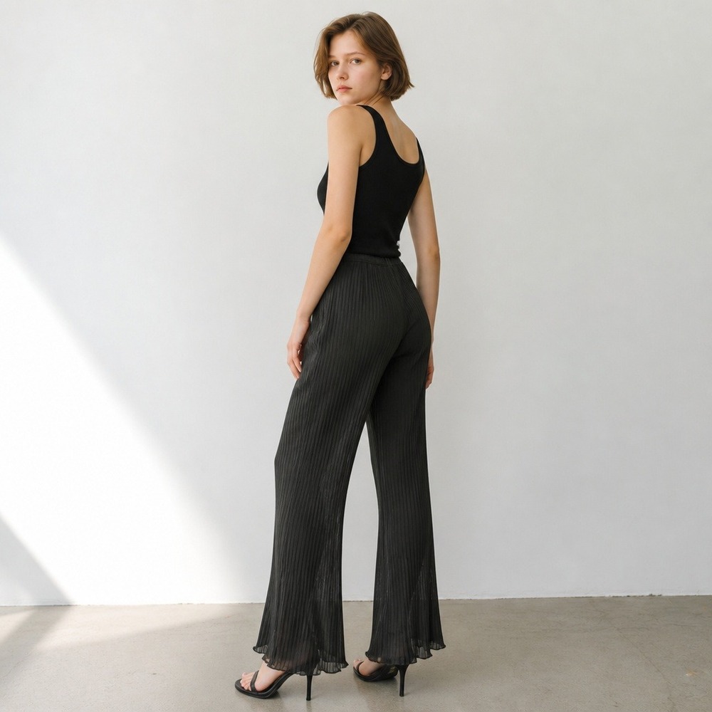 Zara Olive Green Pleated Flare Pants Women's Small Sheer Pull-On Elastic Waist